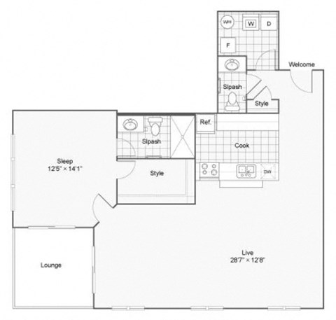 A floor plan of a living space with a sleeping area, lounge, and kitchen.